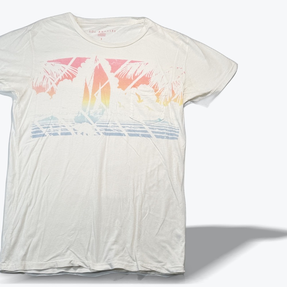Sol Angeles Pocket Tee White Sunset Surf Palm Tree Graphic Womens T Shirt Small